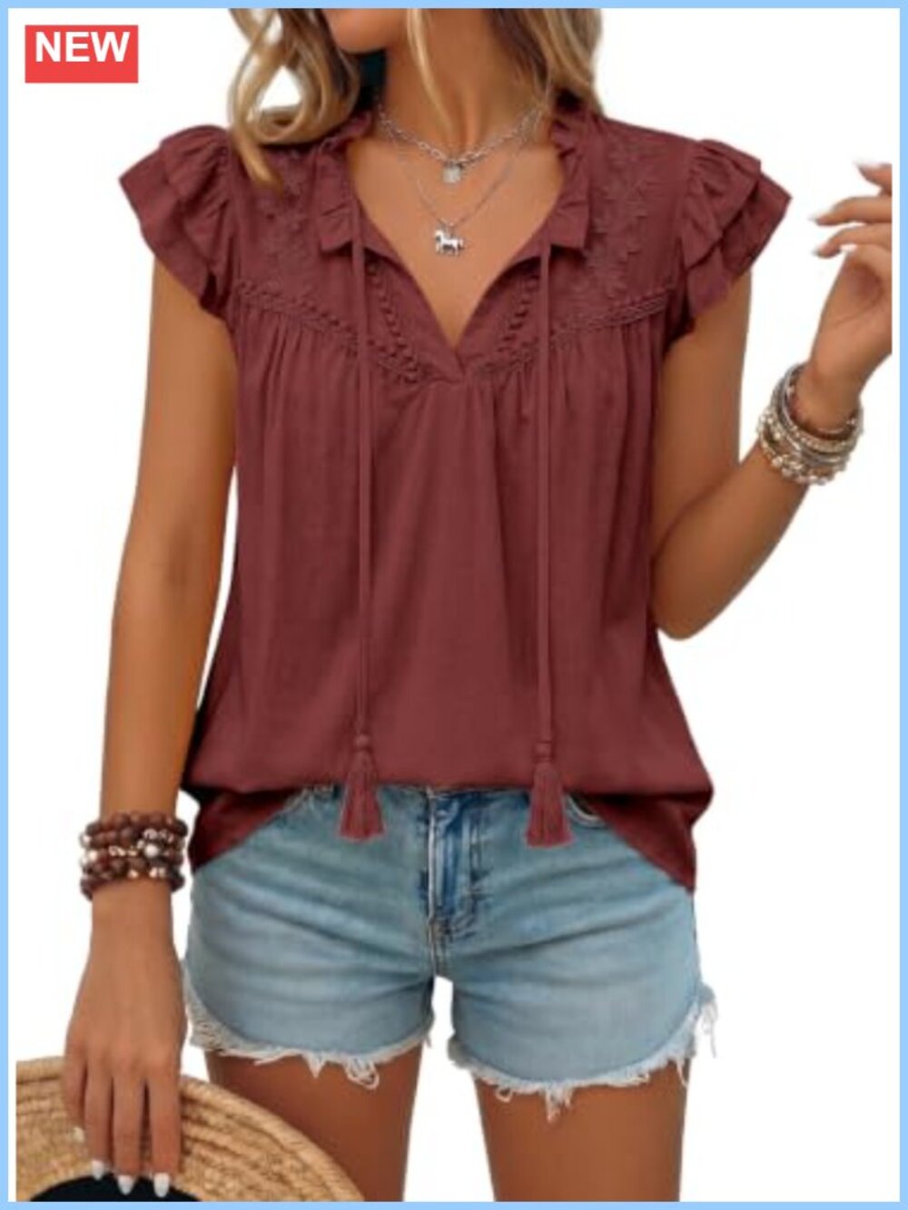 Womens V Neck Ruffle Cap Sleeve Lace Blouse Tassel Top